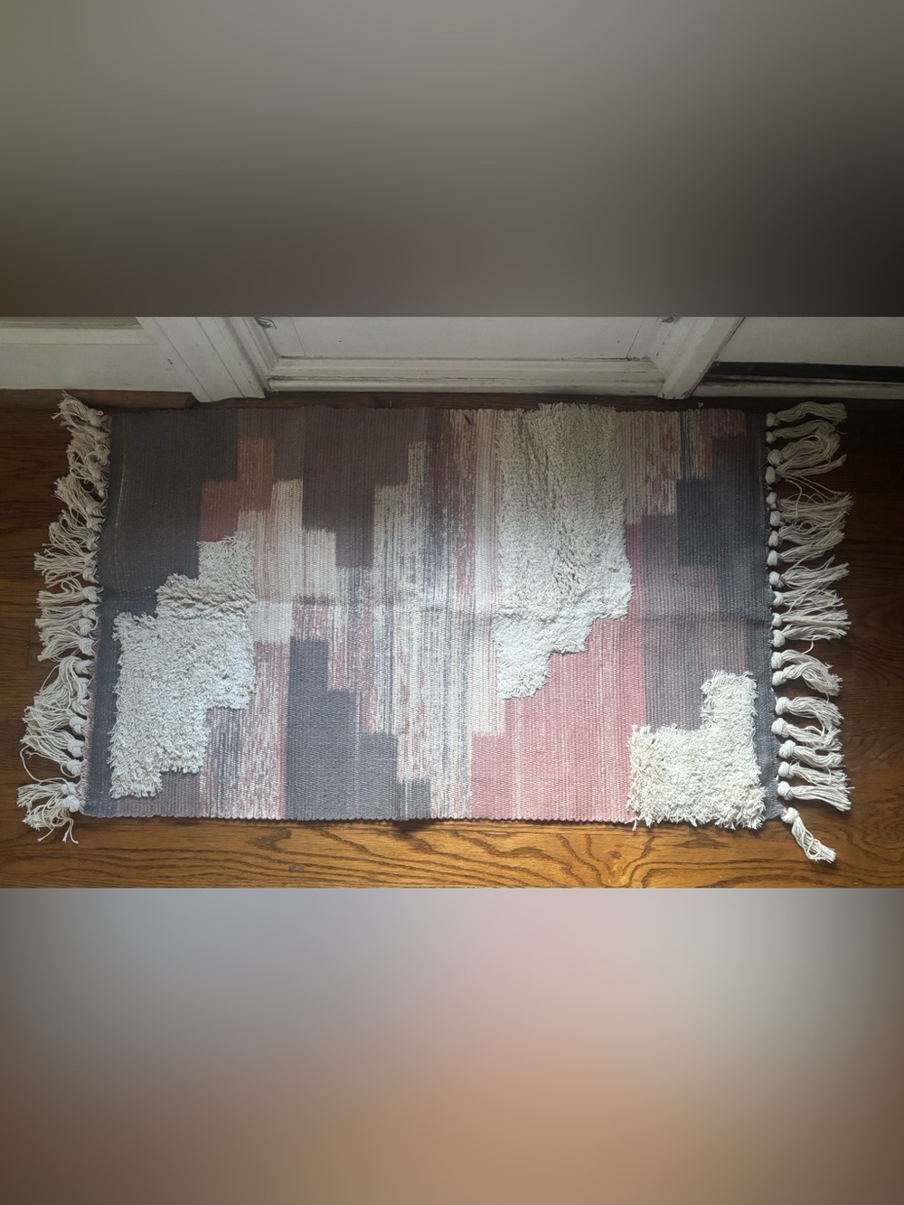 Textured Pink and Gray Geometric Southwest Rug 38”x19” Woven